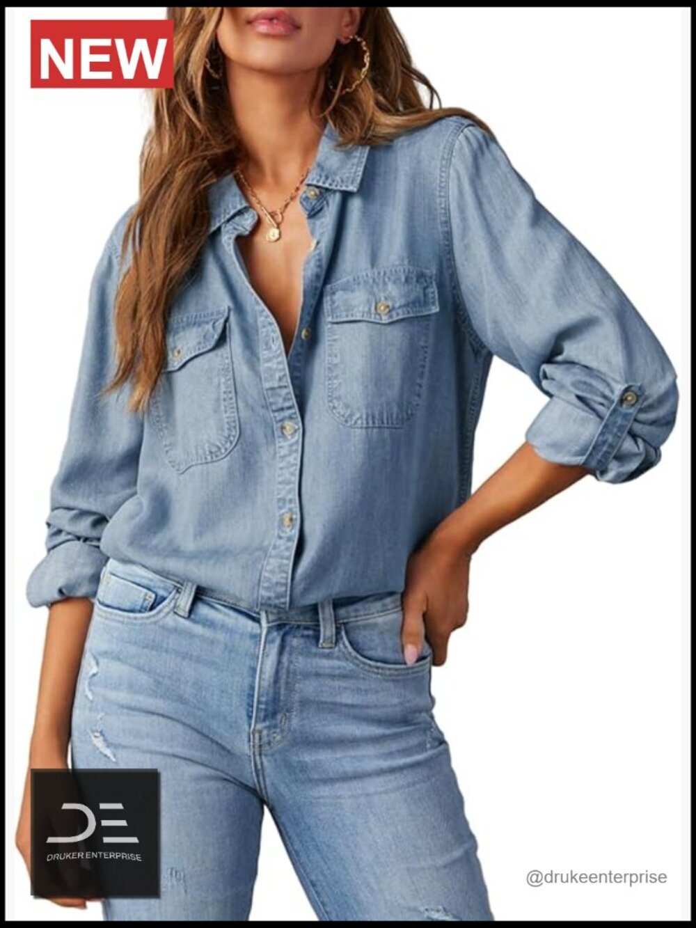 Button Down Denim Shirt Long Sleeve V Neck Casual Top Blouse